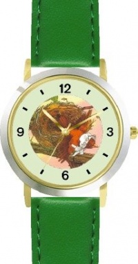 The Little Bird - from Mother Goose by Artist: Sylvia Long - WATCHBUDDY® DELUXE TWO-TONE THEME WATCH - Arabic Numbers - Green Leather Strap-Size-Women's Size-Small