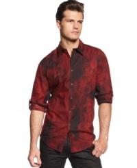 The classic button front shirt takes an artistic turn with this modern rendition from INC International Concepts.