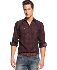 Urban cowboy style is a cinch thanks to INC International Concepts' plaid button-front shirt.