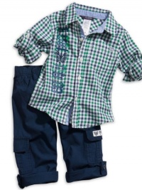 GUESS Kids Boys Convertible Shirt & Pant Set (12 - 2, PLAID (12M)