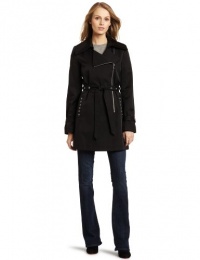 Via Spiga Women's Barbara Asymmetric Zip Front Belted Rain Trench Coat, Black, X-Large