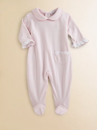 This precious one-piece is crafted in plush pima cotton and adorned with ruffles and stripes for sweet baby style.Peter Pan collarLong sleeves with ruffle cuffsPatch pocketBack snapsBottom snapsPima cottonMachine washImported Please note: Number of snaps may vary depending on size ordered. 