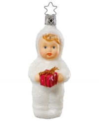 Get wrapped up in the spirit of giving! This precious Inge-Glas ornament is mouth-blown and hand-painted for a look of expert craftsmanship.