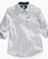 He can throw this micro-stripe Epic Threads shirt on with a pair of denim for a fresh look for fall.