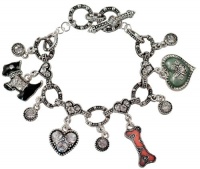 Puppy Love Designer Inspired Fashion Cute Scottie Dog Themed Multi Charm Bracelet with Hearts, Crystals, Pink Bone Silver Toggle Bracelet