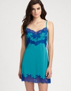 Elaborate floral lace stands out against this silky-smooth design in calming oceanic hues. Sweetheart necklineAdjustable strapsContrast lace at neckline and hemAbout 34 from shoulder to hemBody: polyesterLace: nylon/elastaneMachine washImported