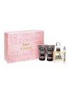 Juicy girls love the holidays. This deluxe set Includes a 3.4 fl. oz. Eau de Parfum Spray, 4.2 fl. oz. Body Sorbet, a 4.2 fl. oz. Frothy Shower Gel and a .33 fl. oz. Eau de Parfum Travel Spray.