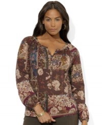 Antiqued brass buttons lend romantic flair to Lauren Ralph Lauren's light and airy cotton jersey plus size peasant top.