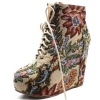 Vintage Berkeley-05 Beige Floral Laced Up Wedge Heel Ankle Boots