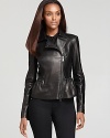 This Burberry London leather jacket strays from the ordinary with a peplum waist detail and asymmetrical front zip.