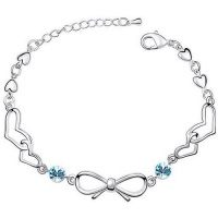 Contessa Bella Fancy Genuine 18k White Gold Plated Light Blue Swarovski Austrian Crystal Elements Bow and Hearts Charm Women Bracelet Elegant Silver Color Crystal Fashion Jewelry