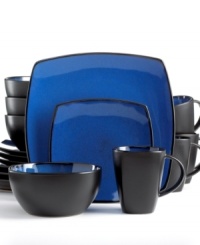 On a blue note. A chic, two-tone design rendered in contrasting gloss and matte finishes sets your table in style. Complete with service for four, this Gibson dinnerware set makes every meal memorable.