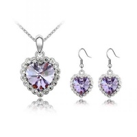 Contessa Bella Fancy Genuine 18k White Gold Plated Purple and Clear Swarovski Austrian Crystal Heart Pendant Women Necklace and Earrings Set Elegant Silver Color Crystal Jewelry N9908