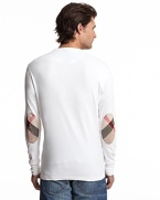 Long sleeve crewneck shirt in a soft cotton with check elbow patches.