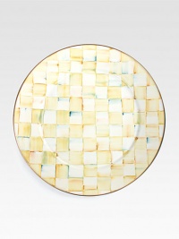 Add a sunny dash of style to any occasion with this elegant platter, hand-painted with soft-hued checks and finished with an opulent bronzed rim.From the Parchment Check collectionBronzed stainless steel rimEnameled steel16 diam.Hand washImported