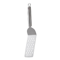 This perforated stainless steel Rösle spatula is an integral component in Rösle's open kitchen concept. Ideal for small kitchens, attachments hang via hooks on a wall rail with space-saving convenience.