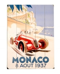 Accent tight corners and long stretches of open wall with this vintage sign from the prestigious Monaco Grand Prix. A blazing-red race car takes the lead, whipping around the magnificent coastline.