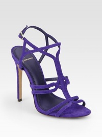 Ultra-skinny, dainty suede straps grace the front of this sophisticated design. Self-covered heel, 5 (125mm)Suede upperAdjustable ankle strapLeather lining and solePadded insoleMade in ItalyOUR FIT MODEL RECOMMENDS ordering one size up as this style runs small. 