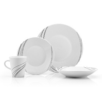 The Unravelled Dinnerware set is classic white with a black linear design. Service for four includes four of each: dinner plate, salad plate, soup bowl and mug. Dishwasher and microwave safe. Two piece completer set also available (29.99).