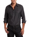 Perry Ellis Men's Long Sleeve Double Flip Pocket Shirt, Charcoal, Large