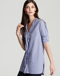 The boyfriend shirt gets an upgrade with this darling pure DKNY blouse. Classic gingham gets a slouchy cut and playful ruffles for all-American ease.