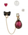 Variety is the spice of life with this stud earrings set from Betsey Johnson. Crafted from gold-tone mixed metal and featuring glass crystal accents, the set features whimsical bow and heart motifs, along with more traditional choices. Approximate drop: 1 inch (teardrop); 1/4 inch (bow); 1/3 inch (pearl); 1/5 inch (heart); 1/5 inch (crystal).