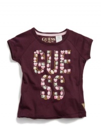 GUESS Kids Girls Jeweled Logo Raglan Tee, PLUM (5/6)