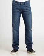 A new fit designed to offer more comfort with a slim look, while roomier in the waist, thigh and hip than a standard straight leg. Hand-sanding and whiskering provide a striking contrast and accentuates the slate blue color of this denim.Five-pocket styleInseam, about 3498% cotton/2% spandexMachine washMade in USA