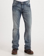 Slim silhouette in light washed denim with subtle whiskering, accented by the A back pockets for a signature feel.Five-pocket styleInseam, about 34CottonMachine washMade in USA