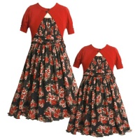 Size-5,BNJ-7059B 2-Piece RED BLACK MULTI FLORAL PRINT MESH OVERLAY Special Occasion Flower Girl Holiday Party Dress/Sweater Set,B37059 Bonnie Jean LITTLE GIRLS