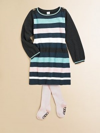 A comfy, cozy knit frock is adorned with pastel stripes and shoulder button detail for a simple, yet elegant, ensemble.CrewneckLong sleevesPullover styleRibbed cuffs and hemCottonMachine washImported