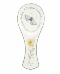 Spring is perpetually in season with the Butterfly Meadow spoon rest. Colorful blooms and butterflies mingle on beautiful white porcelain with an ultra-sweet message: Cherish Yesterday, Dream Tomorrow, Live Today.