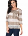 Belldini 3/4 Sleeve Gold & Ivory Colored Striped Knit Fashion Boxy Pullover Top with Sequin Highlights