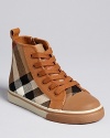 Burberry updates a classic basketball sneaker with a combination canvas check and leather upper.