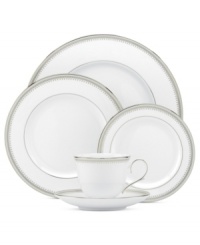 Spun with shimmering platinum, the Belle Haven place setting by Lenox has all the elegance of white china – with a playful twist! Delicate beading and bands of soft pewter add to its enchanting style.