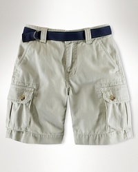 Cool utility-inspired cargo short in substantial cotton twill.