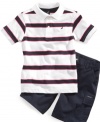 Set up in stripes. This polo shirt and cargo shorts set from Nautica is the perfect way to provide him with a casual prep style.