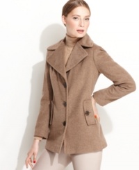 Calvin Klein's petite car coat features a classic silhouette and a touch of silk in the fabric for a luxurious feel.