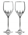 Turn formal affairs into true celebrations with Duchesse Platinum wine glasses from Vera Wang. The renowned bridal designer marries a banded bowl and blazing starburst cut with a beautifully flared stem, all in radiant crystal.