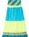 One Step Up 7-16 Stripe Color Block Maxi Dress NEON AQUA/YELLOW Md 10/12