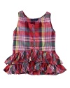 A pretty tank top is rendered in preppy cotton plaid with a flurry of ruffles.