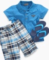 Suiting up for the surf won't be a problem thanks to this polo shirt, plaid shorts and sandals set from Kids Headquarters.