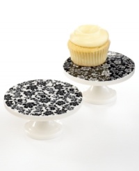 Elegance is easy with mini Geneva cake stands from Martha Stewart Collection. Allover black and white florals with an antique feel make cupcakes and tarts look especially irresistible.