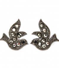 Small Adorable Sparkling Black Crystal Dove Bird 1/2 Stud Earrings with Hematite Plating