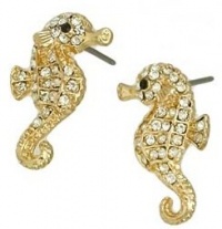 Small Adorable Sparkling Clear Crystal Seahorse Stud Earrings with Gold Plating