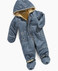 Quilted denim snowsuit by First Impressions will keep him cozy and comfortable during the winter months.