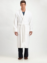 Luxurious hydro cotton robe featuring a classic shawl collar, wide cuffs and generous patch pockets, rendered from the finest cotton, that gets softer the more times you wash it.Shawl collarFront patch pocketsSelf-tie belt at waistAbout 50 from shoulder to hemCottonMachine washImported