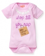 An adorable short sleeve romper with Shop till you Nap and Little Brown Bag graphic printed on front.