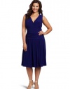 Jessica Howard Women's Plus-Size V-Neck Rouched Waist Dress, Blue, 22W