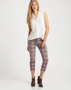 Classic plaid in rail-straight denim, finished with a hint of stretch in a sophisticated crop.THE FITFitted through hips and thighsRise, about 8Inseam, about 26THE DETAILSZip flyFive-pocket style98% cotton/2% elastaneHand washMade in USA of imported fabricModel shown is 5'11 (180cm) wearing US size 4.